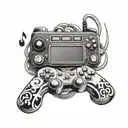 A video game controller intertwined with music notes and Looney Tunes characters, symbolizing your passion for both gaming and hip hop tattoo design idea