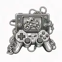 A video game controller intertwined with music notes and Looney Tunes characters, symbolizing your passion for both gaming and hip hop tattoo design idea