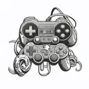 A video game controller intertwined with music notes and Looney Tunes characters, symbolizing your passion for both gaming and hip hop tattoo design idea