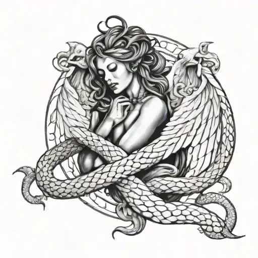 Heavenly being with wings made of intertwined serpents tattoo design idea