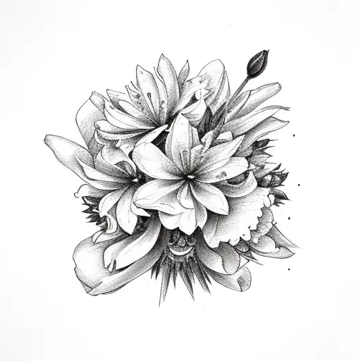camelia, peonie, lily, agapanthus, sunflower and  annabel flower bouquet tattoo design idea