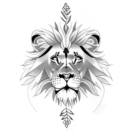 A majestic lion standing in a lush jungle surrounded by exotic plants and flowers tattoo design idea