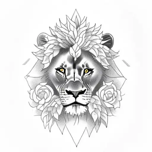 A majestic lion standing in a lush jungle surrounded by exotic plants and flowers tattoo design idea