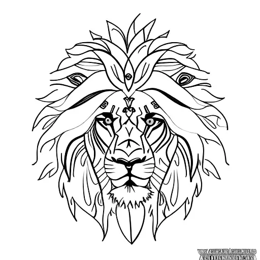 A majestic lion standing in a lush jungle surrounded by exotic plants and flowers tattoo design idea