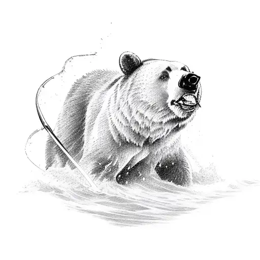 A sketch-style tattoo of a bear catching a fish in a rushing river tattoo design idea