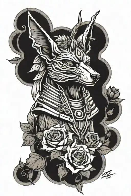 Anubis egypcian god and roses  tattoo design idea