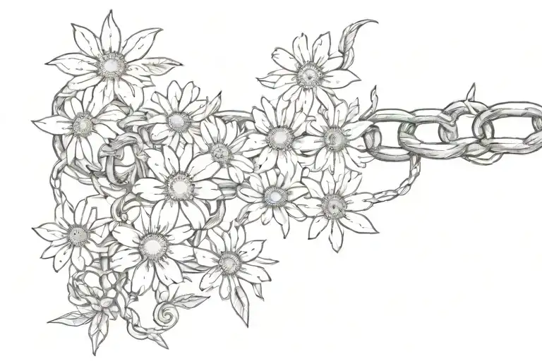 link chain with daisies and barbed wire black ink tattoo design idea