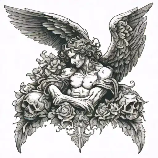 A renaissance-inspired tattoo featuring a fallen angel surrounded by seraphims, incorporating elements of baroque art and memento mori philosophy tattoo design idea