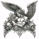 A renaissance-inspired tattoo featuring a fallen angel surrounded by seraphims, incorporating elements of baroque art and memento mori philosophy tattoo design idea
