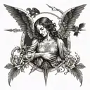 A renaissance-inspired tattoo featuring a fallen angel surrounded by seraphims, incorporating elements of baroque art and memento mori philosophy tattoo design idea