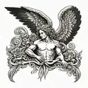 A renaissance-inspired tattoo featuring a fallen angel surrounded by seraphims, incorporating elements of baroque art and memento mori philosophy tattoo design idea