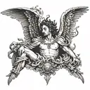 A renaissance-inspired tattoo featuring a fallen angel surrounded by seraphims, incorporating elements of baroque art and memento mori philosophy tattoo design idea