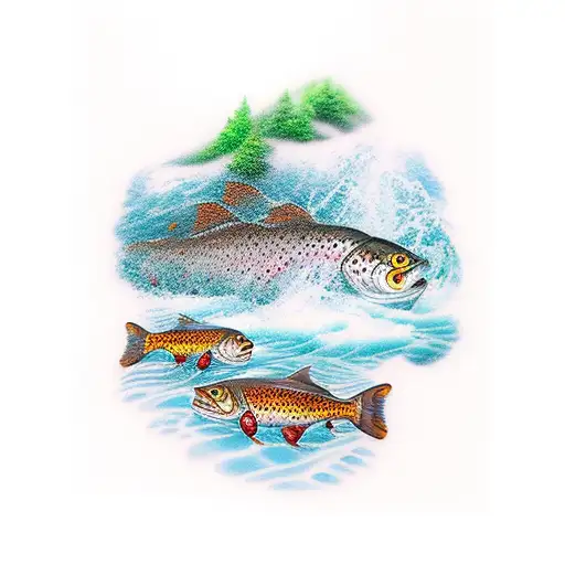 fly fishing in mountain river tattoo design idea