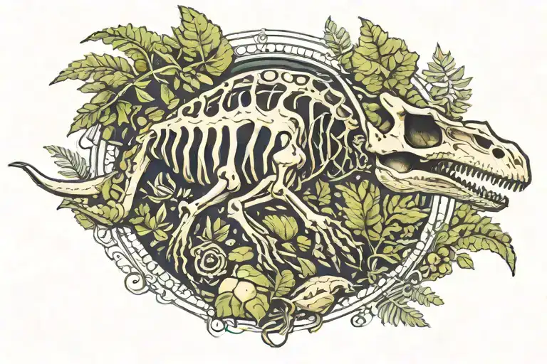 Parasaurolophus fossil skeleton in a death curl surrounded by fern leaves tattoo design idea