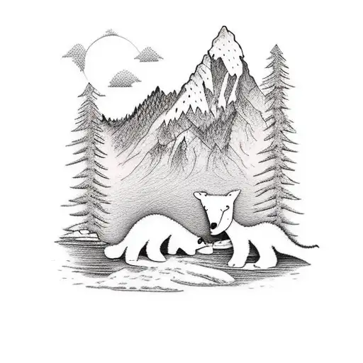 Nature scene with 2 cubs/father, waterfall, trees, and mountains accending to the heavens tattoo design idea