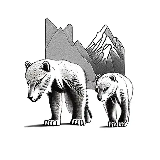Nature scene with 2 cubs/father, waterfall, trees, and mountains accending to the heavens tattoo design idea
