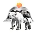Nature scene with 2 cubs/father, waterfall, trees, and mountains accending to the heavens tattoo design idea