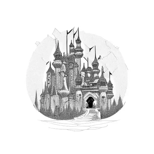 dark mysterious fantasy castle with many towers  tattoo design idea