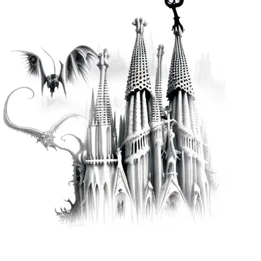 dark fantasy gothic castle with many towers Tim burton Sagrada familia tattoo design idea
