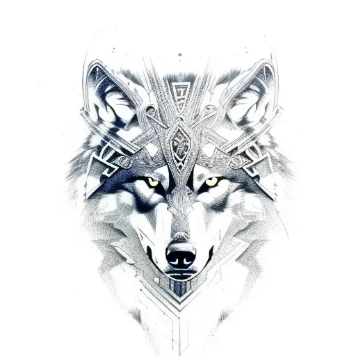 Wolf head with intricate Viking patterns tattoo design idea