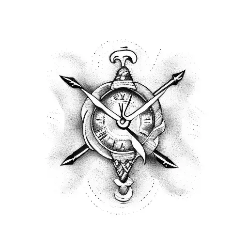 Axe intertwined with clock hands and Viking symbols tattoo design idea