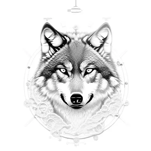 A black-grey tattoo of a wolf's head with intricate clockwork mechanisms integrated into its fur tattoo design idea