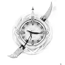 Axe intertwined with clock hands and Viking symbols tattoo design idea