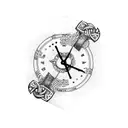 Axe intertwined with clock hands and Viking symbols tattoo design idea