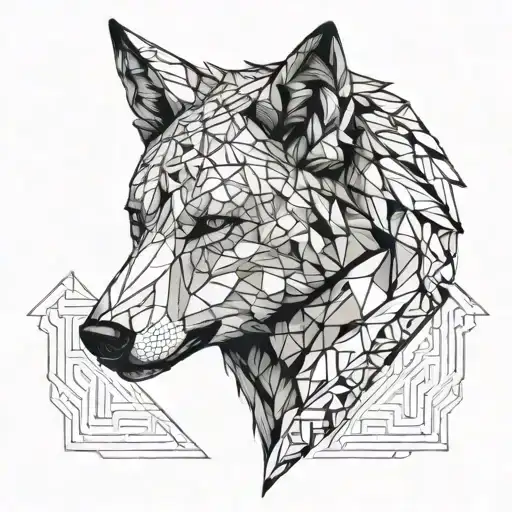 geometric wolf head tattoo with the first names of Yaël and Côme incorporated into the tattoo tattoo design idea