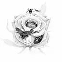 christian cross digging into skin with rose wrapped around and a bee pollinating  tattoo design idea