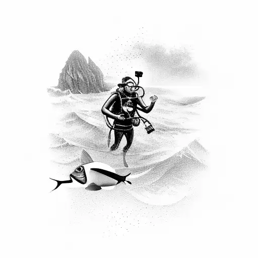 scuba diver in ocean with aspects relating to Bahamas tattoo design idea