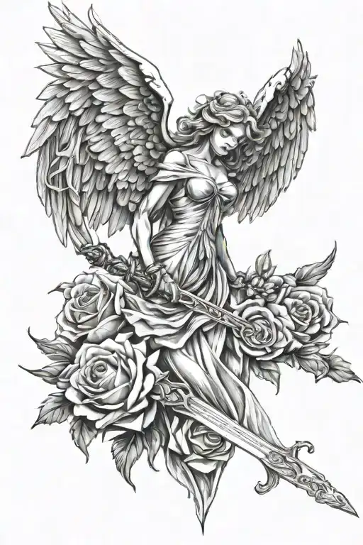 roses phoenix angel holding a sword tattoo design idea
