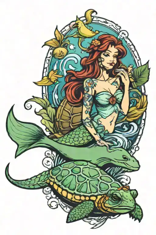 little mermaid and turtle  tattoo design idea