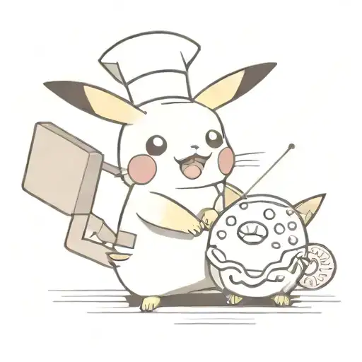 Pikachu wearing a chef's hat and holding a donut in one hand and a fishing rod in the other hand.  tattoo design idea