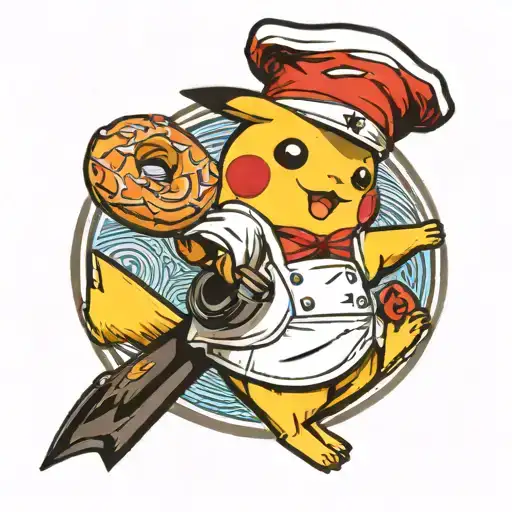 Pikachu wearing a chef's hat and holding a donut in one hand and a fishing rod in the other hand.  tattoo design idea