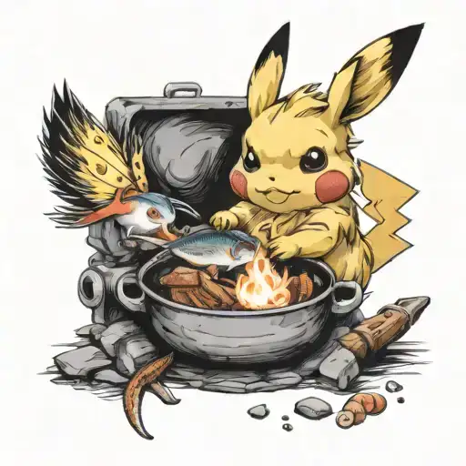 A realistic tattoo of a Pikachu cooking a fish over a campfire   tattoo design idea