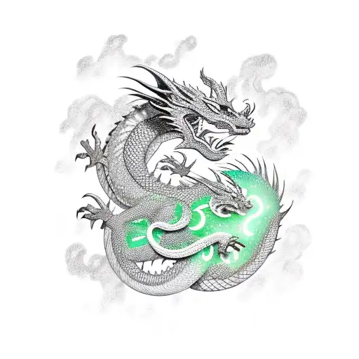 dragon with many limbs, colorful, falling from the sky, and a hero in the background tattoo design idea