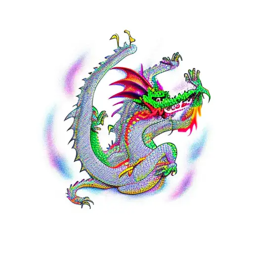dragon with many limbs, colorful, falling from the sky, and a hero in the background tattoo design idea