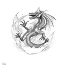 dragon with many limbs, colorful, falling from the sky, and a hero in the background tattoo design idea