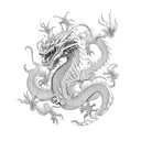 dragon with many limbs, colorful, falling from the sky, and a hero in the background tattoo design idea