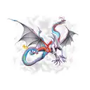 dragon with many limbs, colorful, falling from the sky, and a hero in the background tattoo design idea