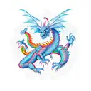 dragon with many limbs, colorful, falling from the sky, and a hero in the background tattoo design idea