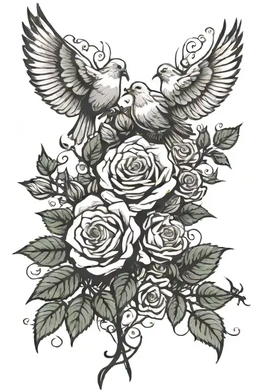 a rose bush or something with some doves and like fallen roses with some names in them tattoo design idea