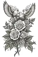 a rose bush or something with some doves and like fallen roses with some names in them tattoo design idea