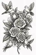 a rose bush or something with some doves and like fallen roses with some names in them tattoo design idea