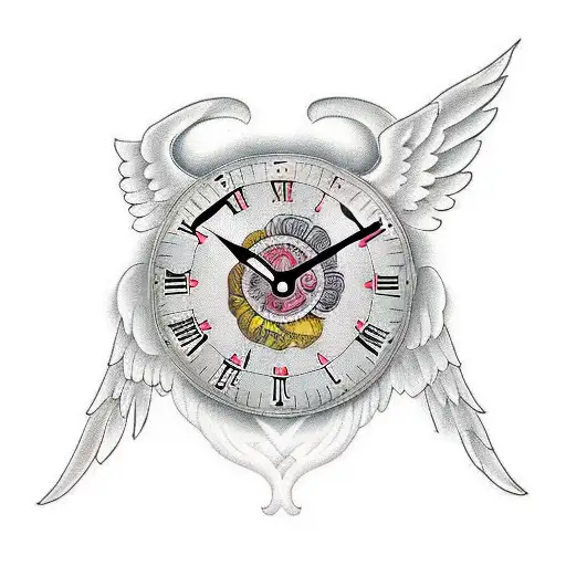 A memorial design combining a clock and angel wings with words R.I.P. Momma tattoo design idea