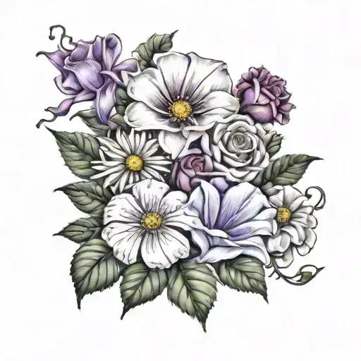 morning glory, violet, chrysanthemum, Daisy and rose  tattoo design idea