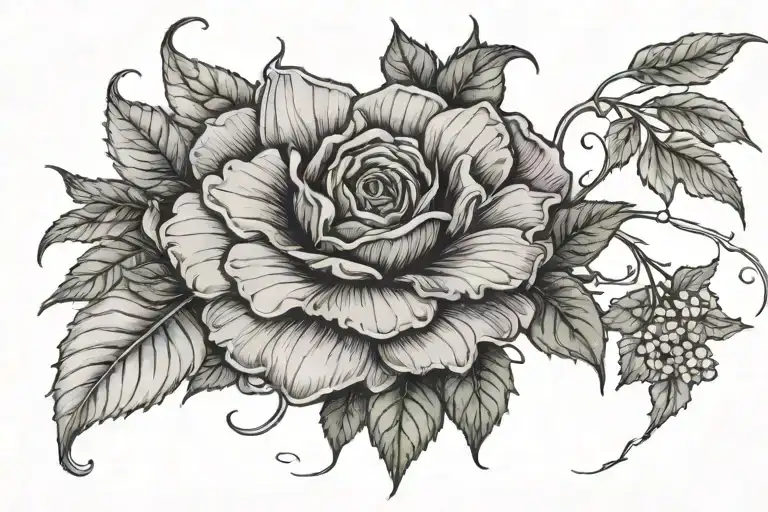 In a horizontal line connected by stems and leaves a morning glory, a rose, a chrysanthemum, a violet and a daisy.  tattoo design idea