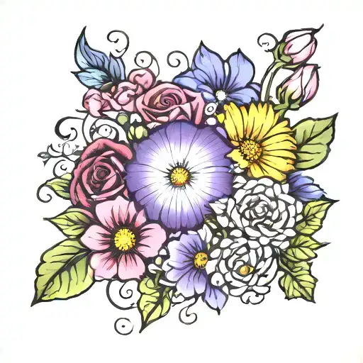 morning glory, violet, chrysanthemum, Daisy and roses tattoo design idea