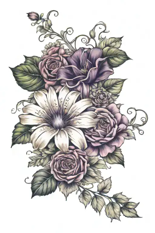 morning glory, violet, chrysanthemum, Daisy and roses tattoo design idea